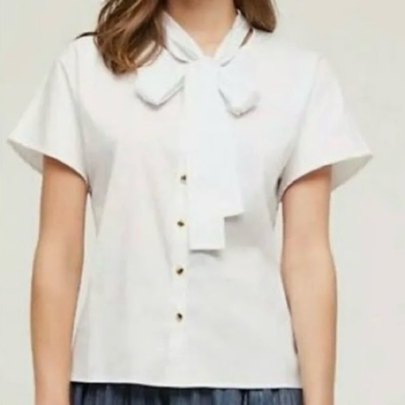 Anthropologie Tops - MAEVE ANTHROPOLOGIE Women’s White Stretch Cotton Poplin Tie Neck Short Slv Top S